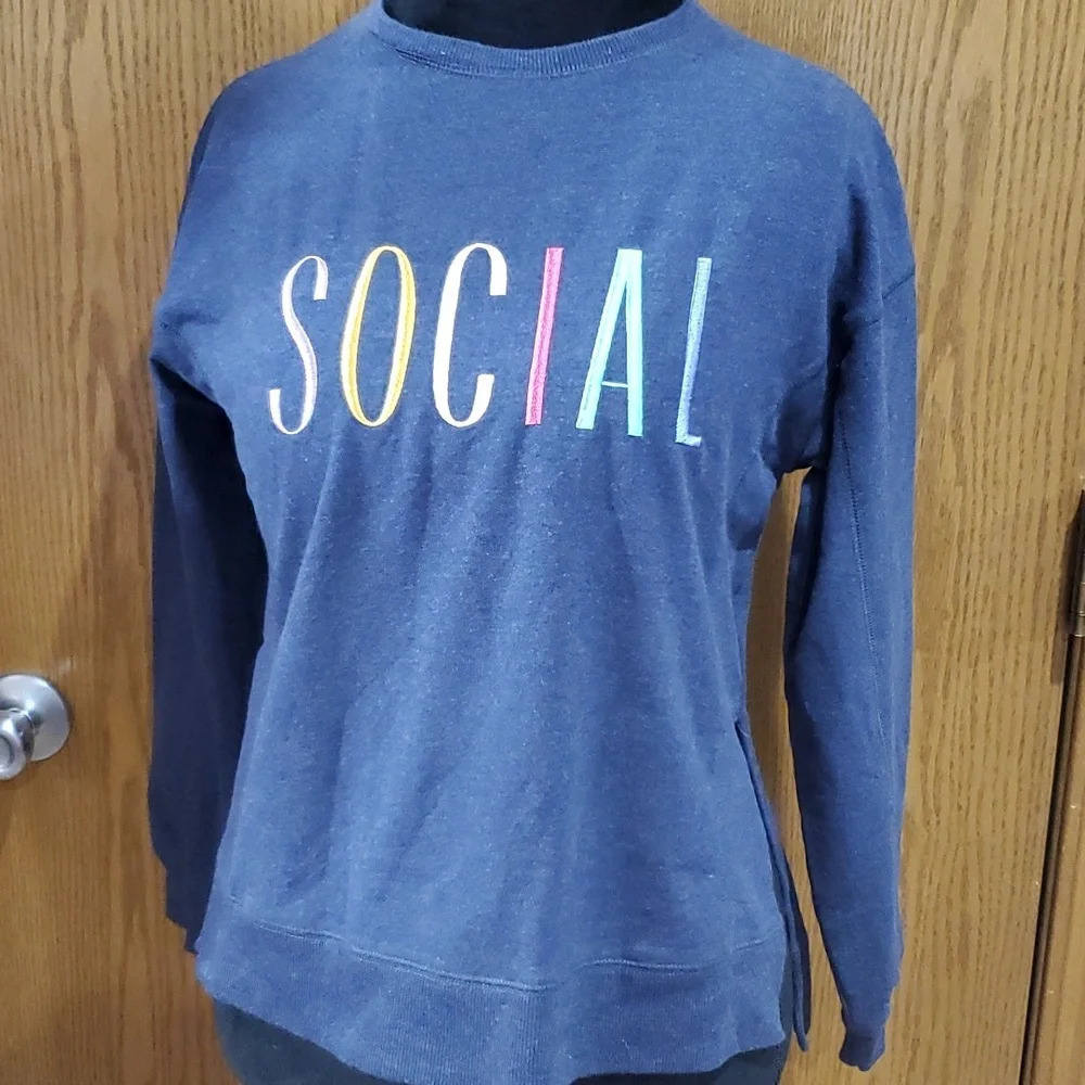Wildfox social embroidered light sweatshirt long sleeve blue split sides cropped